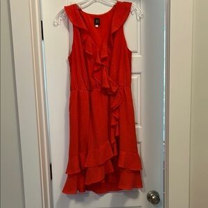 Ruffled Red Dress with small beige dots